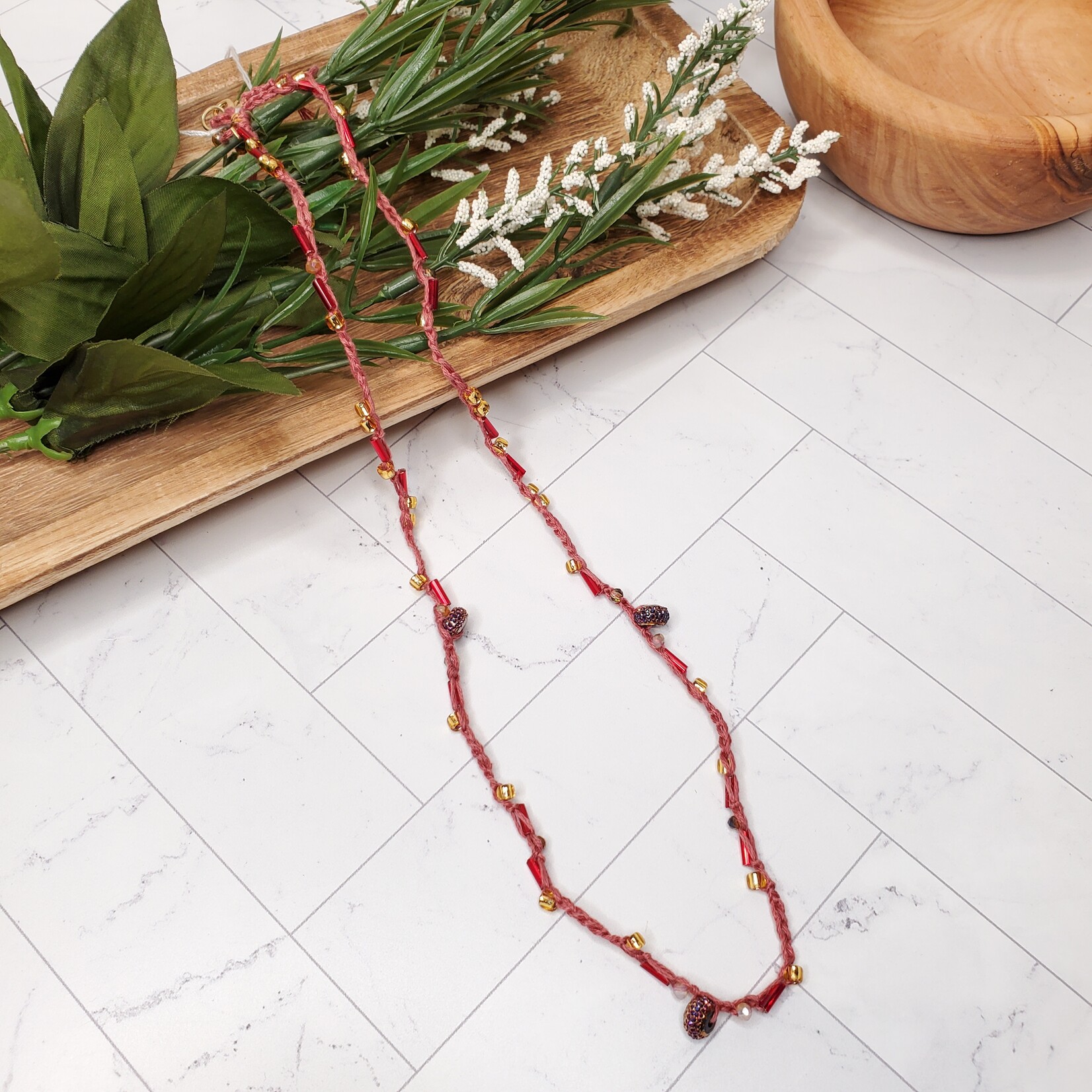 Crescent Moon Jewelry of the Sierras Bead Crochet Necklace - Gold & Dark Rose - 24"