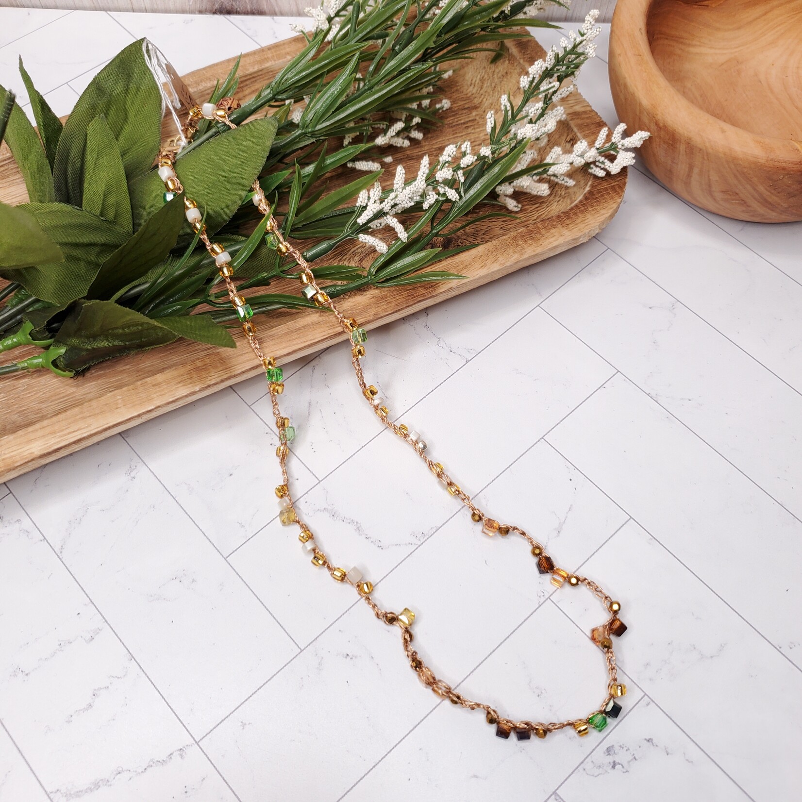 Crescent Moon Jewelry of the Sierras Bead Crochet Necklace - Amber, Green  & Gold - 22"