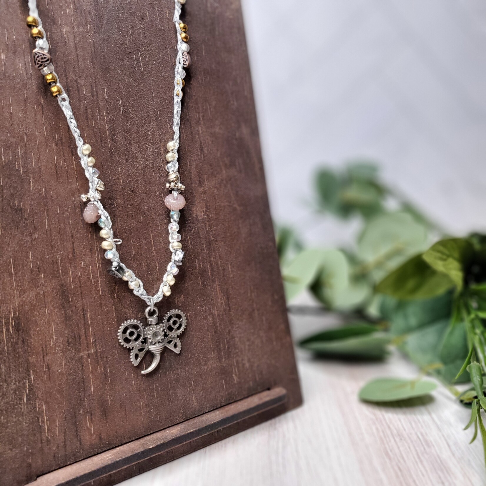 Crescent Moon Jewelry of the Sierras Bead Crocheted Necklace - Silver Steampunk Winged Bug - Silver, Lavender, & Copper - #403