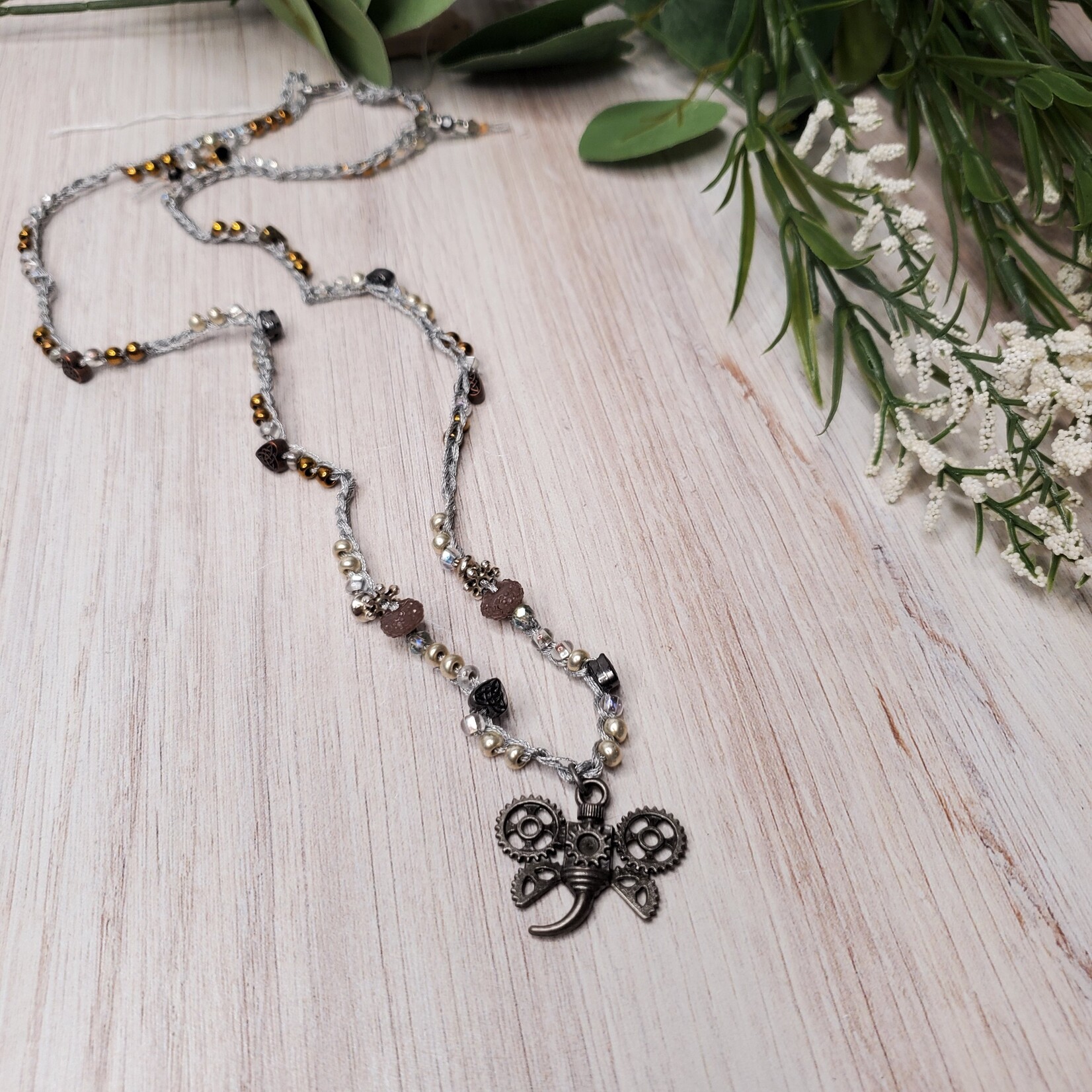 Crescent Moon Jewelry of the Sierras Bead Crocheted Necklace - Silver Steampunk Winged Bug - Silver, Lavender, & Copper - #403