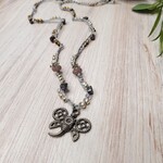 Crescent Moon Jewelry of the Sierras Bead Crocheted Necklace - Silver Steampunk Winged Bug - Silver, Lavender, & Copper - #403