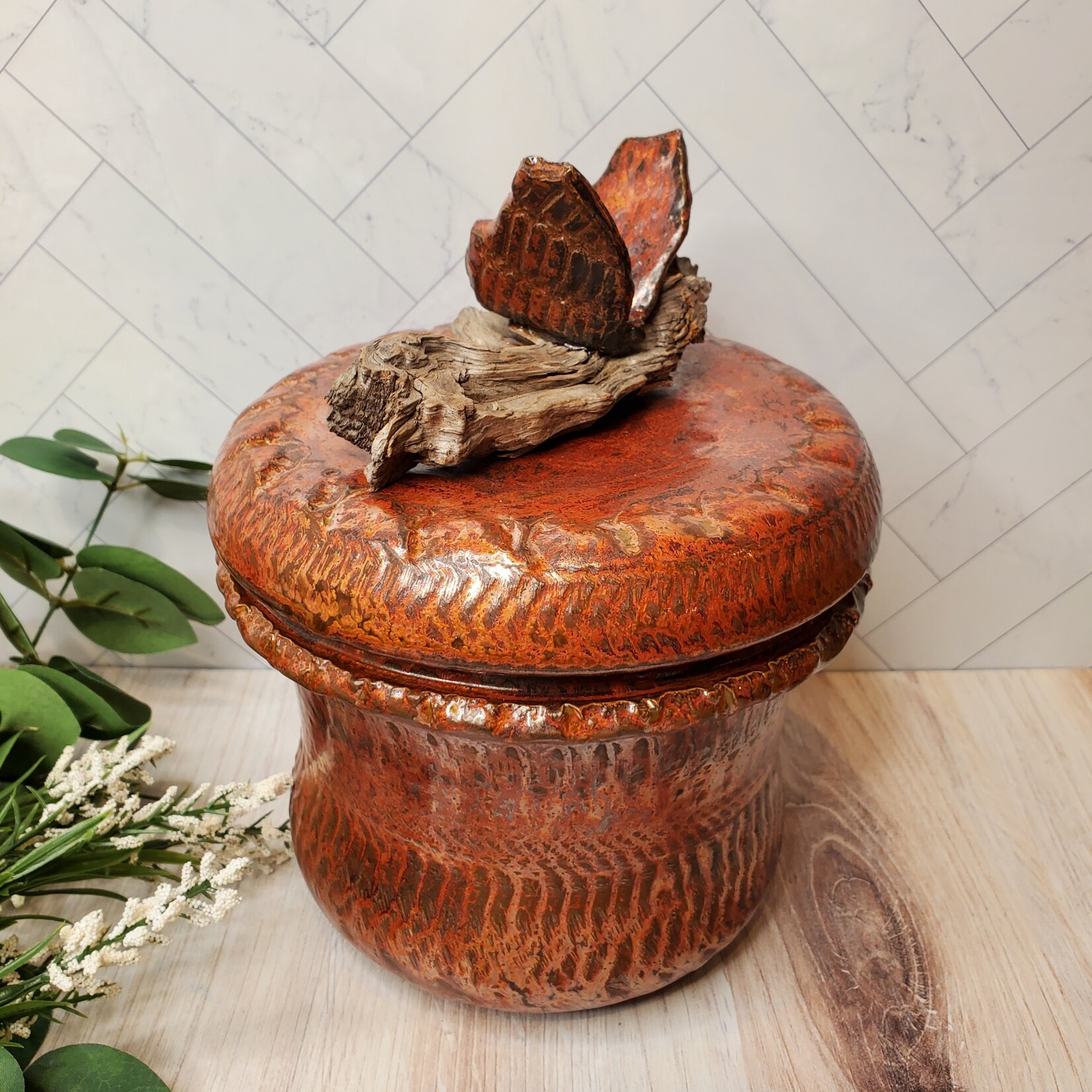 Elaine Randall Dream Jar with Forest Driftwood and Butterfly - Ancient Copper Glaze