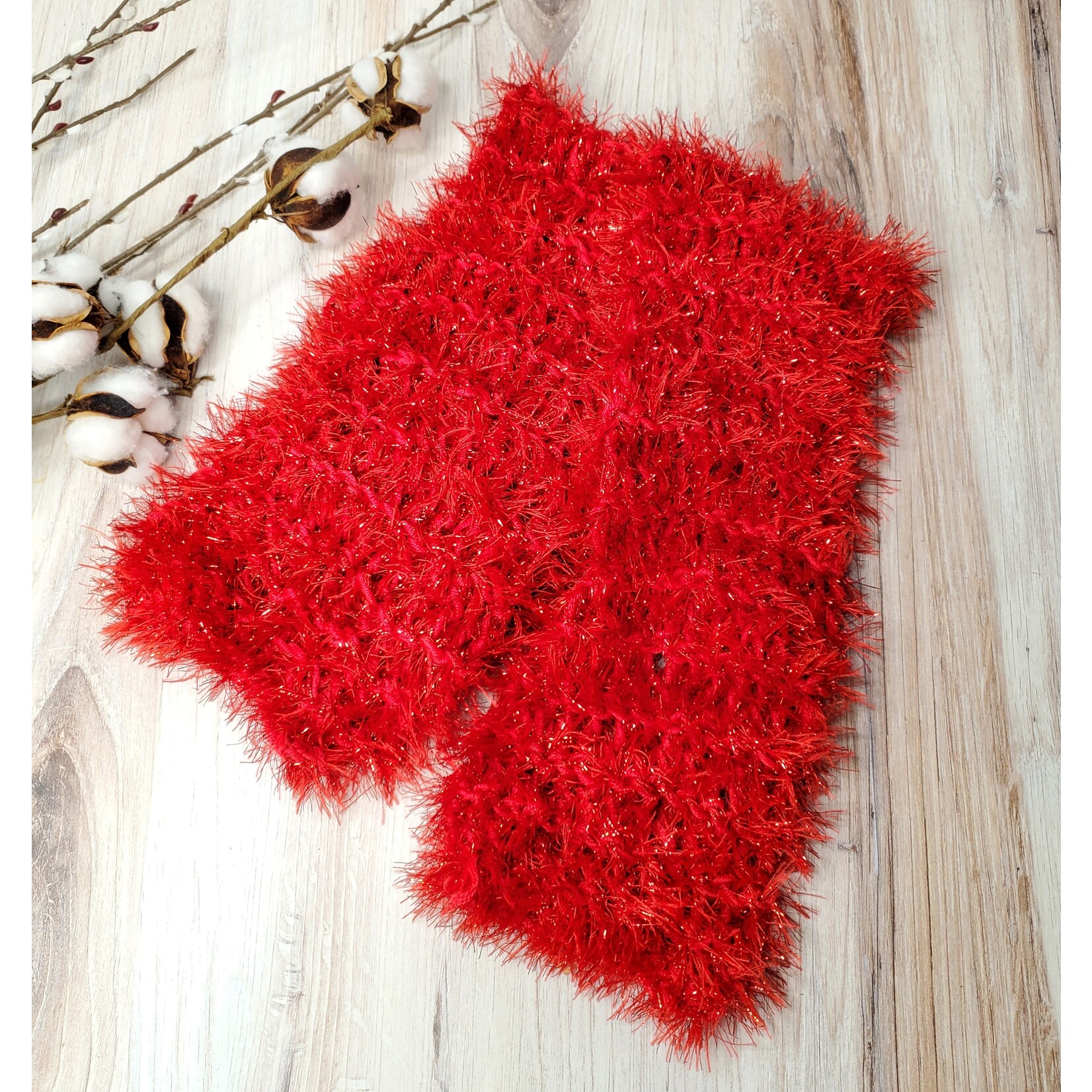 Roan's Repertoire Red sparkle scarf - hand knit