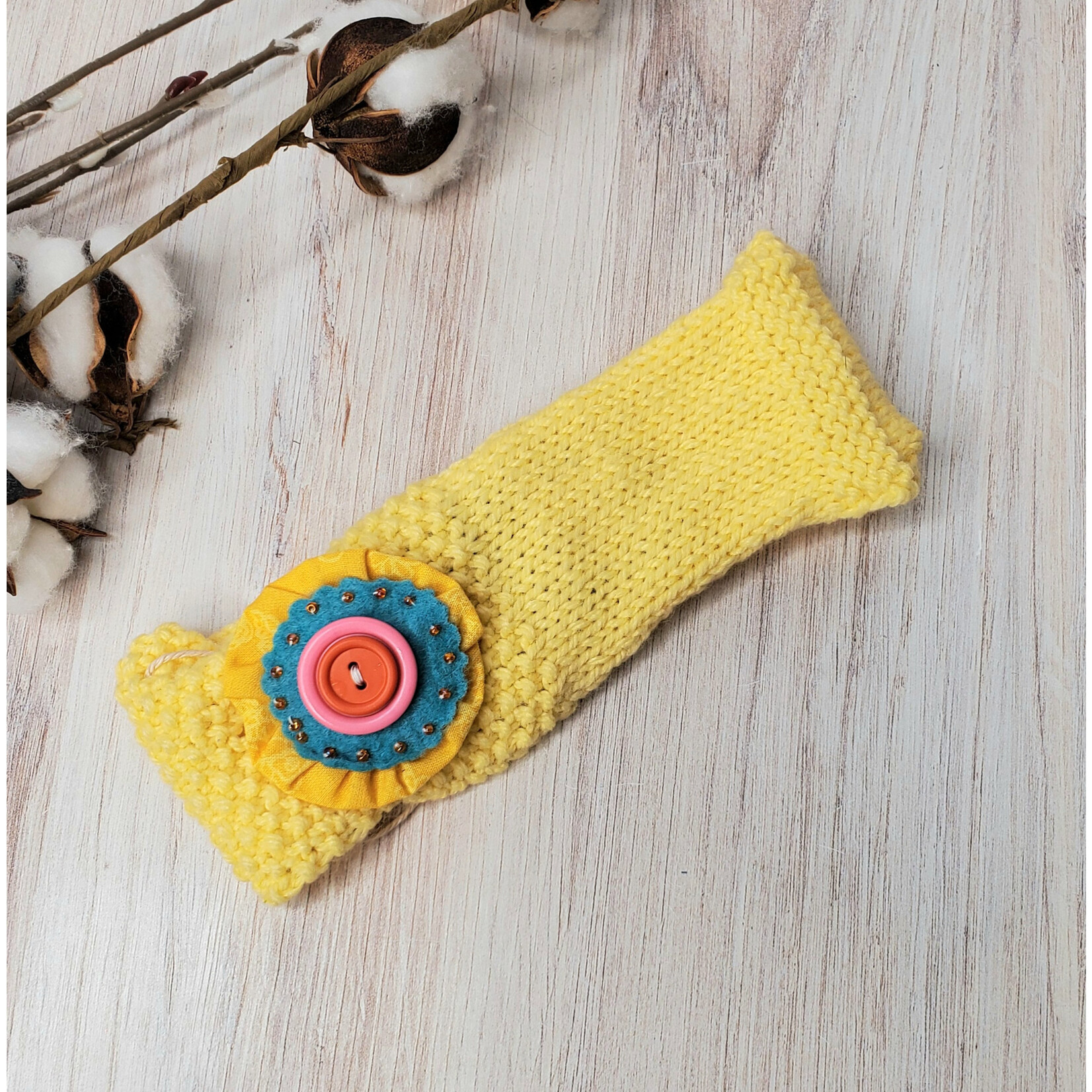Roan's Repertoire Yellow Kids Cozy Headband w/ Flower Pin (detachable) - 9mos. - 2 yrs. - hand knit